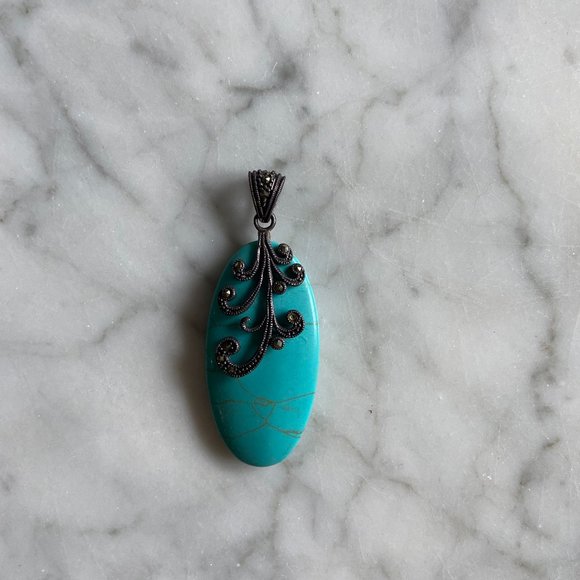 Vintage Jewelry - Vintage Sterling Marcasite Turquoise Pendant